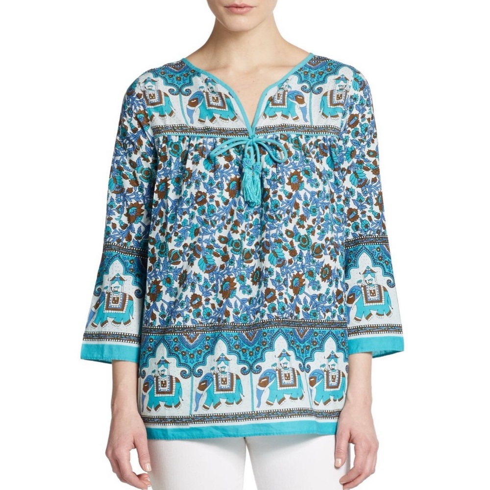 Calypso St. Barth Jael Boho Top Blouse Elephant Floral Pattern Tassel Ties Sz S